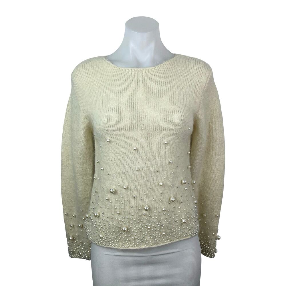Zara Cream Beige Pearl Wool Beaded Long Sleeve Knit Crewneck Sweater Top Size S